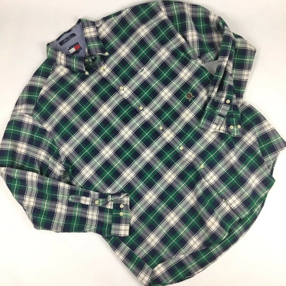 Tommy Hilfiger Men's Plaid Green Crest Logo Shirt